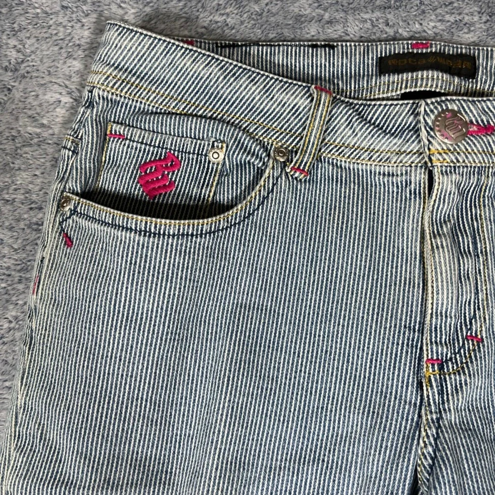 Vintage Rocawear‎ Pinstripe Paint Splatter Flare Jeans Blue White Juniors Size 9